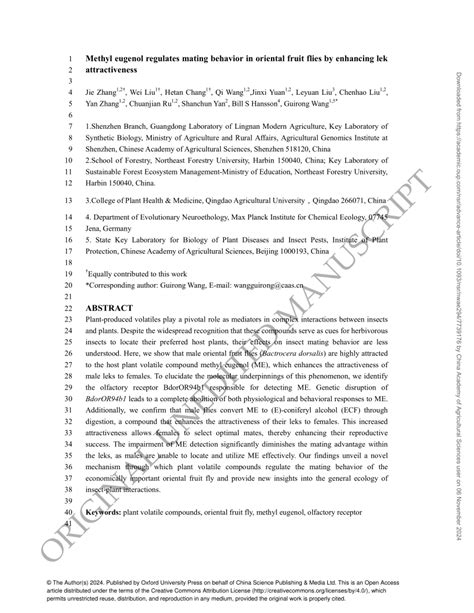 Methyl eugenol regulates mating behavior in oriental fruit flies by .